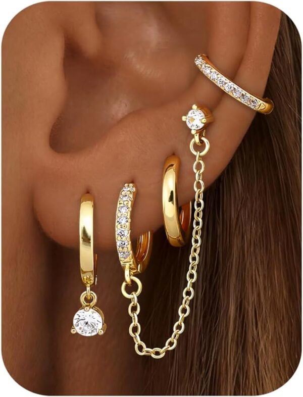 4 Pairs Small Hoop Earrings for Women Trendy  Gold Plated Chain Drop Earrings Set Hypoallergenic CZ Huggie Hoops Lightweight Cartilage Earring Stacks Women's Jewelry Gifts