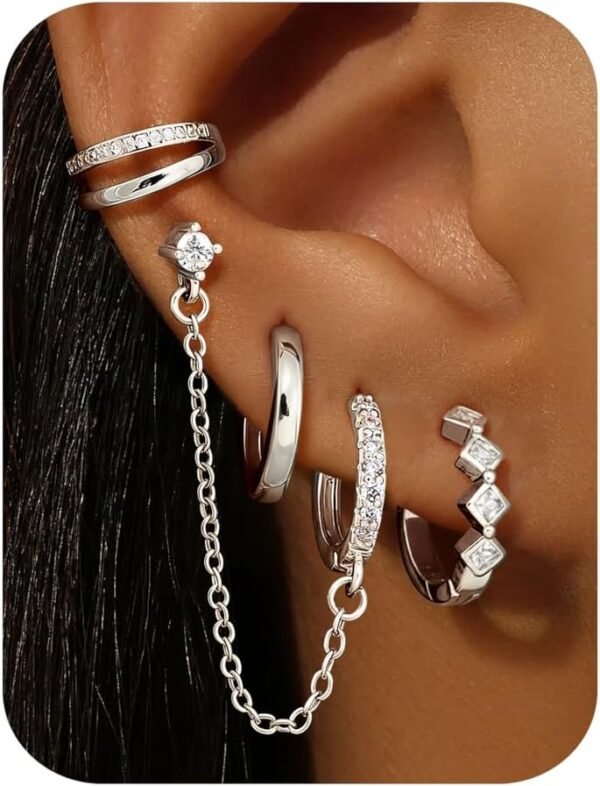 4 Pairs Small Hoop Earrings for Women Trendy  Gold Plated Chain Drop Earrings Set Hypoallergenic CZ Huggie Hoops Lightweight Cartilage Earring Stacks Women's Jewelry Gifts