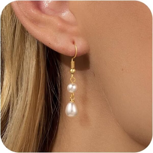 Gold Pearl Dangle Earrings for Women,  Gold Plated Small Pearl Drop Huggie Hoop Earrings, Hypoallergenic Dainty Gold Earrings Wedding Jewelry Gifts for Women Trendy