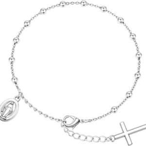 Silver Plated Bracelets for Women Non Tarnish,Silver Cross Bracelets for Wome,Womens Silver Plated Bracelet Waterproof Cross Bead Charm Link Chain Bracelet Jewelry Gifts for Womens Trendy