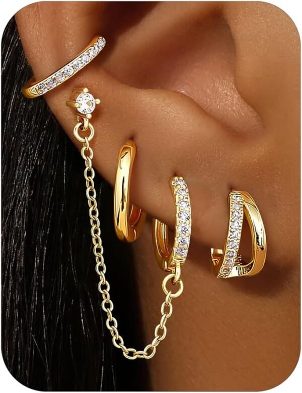 4 Pairs Small Hoop Earrings for Women Trendy  Gold Plated Chain Drop Earrings Set Hypoallergenic CZ Huggie Hoops Lightweight Cartilage Earring Stacks Women's Jewelry Gifts