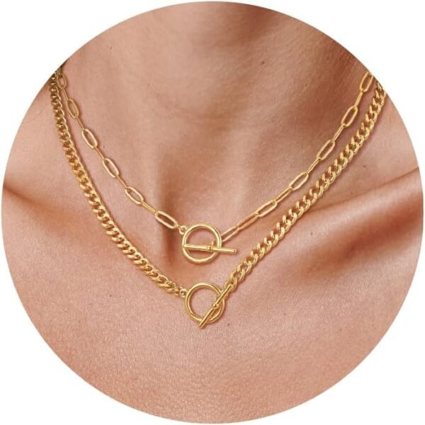 Layered Necklaces for Women,  Gold Plated Chain Necklace Women Trendy Cuban Link Paperclip Chain Toggle Clasp Necklace Fashion Chunky Jewelry for Women