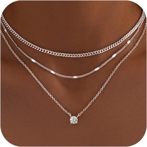 Layered Gold Necklaces for Women,  Gold Sterling Silver Plated Dainty Pendant Necklace Set with Cubic Zirconia Circle, Chunky Stackable Cuban Chain Choker, Trendy Personalized Birthstone Jewelry Gift Non Tarnish