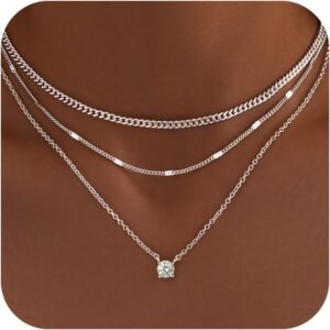 Layered Gold Necklaces for Women,  Gold Sterling Silver Plated Dainty Pendant Necklace Set with Cubic Zirconia Circle, Chunky Stackable Cuban Chain Choker, Trendy Personalized Birthstone Jewelry Gift Non Tarnish