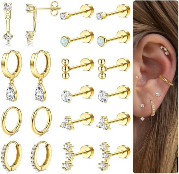 Hypoallergenic Flat Back Earrings  Gold Plated Cartilage Earring Sets for Multiple Piercing 20G Surgical Stainless Steel Earrings for Women Trendy Earring Stacks Small Hoop Flatback Stud Earrings