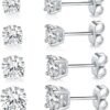 White Gold Plated 4 Pong Round Clear Cubic Zirconia Stud Earring Pack of 6 Pairs (6 Pairs)