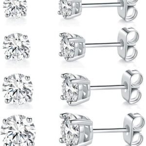White Gold Plated 4 Pong Round Clear Cubic Zirconia Stud Earring Pack of 6 Pairs (6 Pairs)