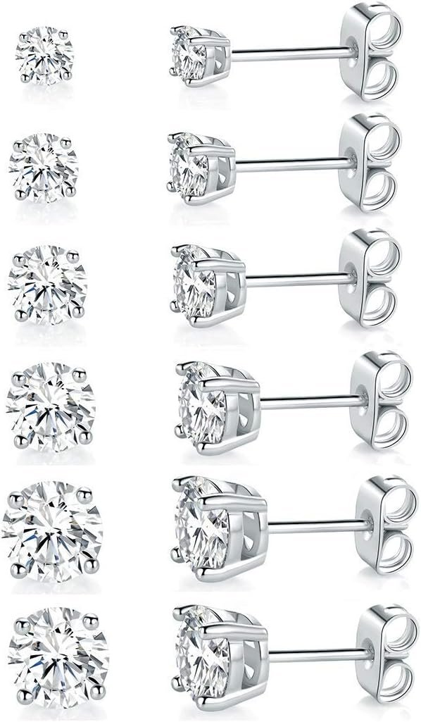White Gold Plated 4 Pong Round Clear Cubic Zirconia Stud Earring Pack of 6 Pairs (6 Pairs)