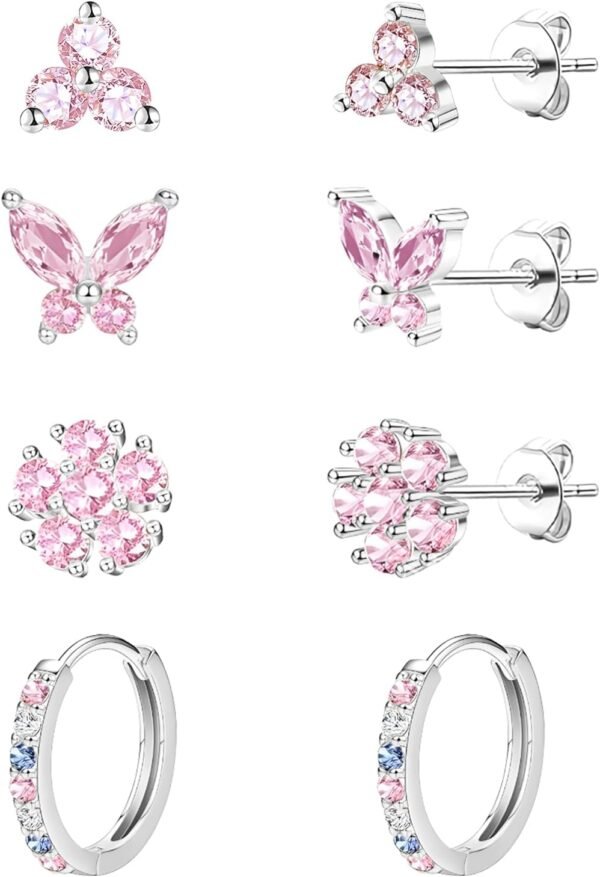 20G Gold Studs Earrings for Women, Gold Plated Hypoallergenic Butterfly Earrings for Girls,4 Pairs Flower/Butterfly/Cubic Zirconia Cute Earring and Trendy Huggie Hoop Dainty Multipack Earring Sets