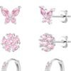 20G Gold Studs Earrings for Women, Gold Plated Hypoallergenic Butterfly Earrings for Girls,4 Pairs Flower/Butterfly/Cubic Zirconia Cute Earring and Trendy Huggie Hoop Dainty Multipack Earring Sets