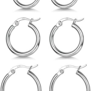 3 Pairs 925 Sterling Silver Hoop Earrings | Small White Gold Plated Hoop Earrings for Women (13mm,15mm,20mm??25mm,30mm,40mm,50mm,60mm)