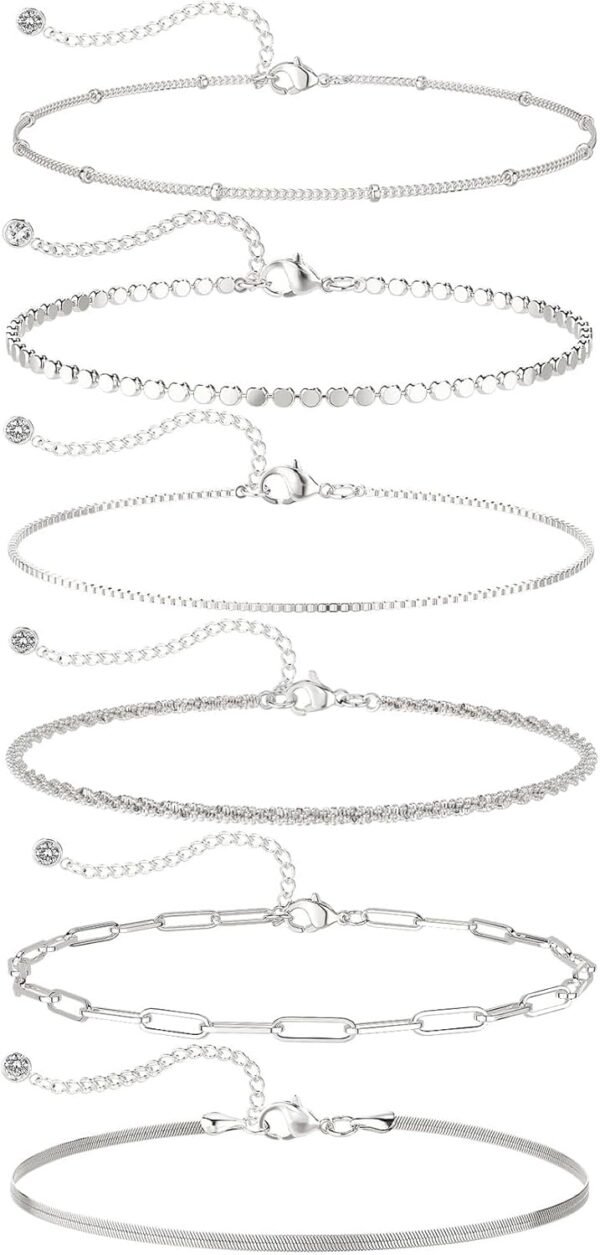Dainty Silver Plated Bracelets for Women Trendy, Silver Jewelry Set for Women Bracelets for Women Paperclip Box Herringbone Figaro Rope Chain Bracelet Fashion Pack Gifts for Women