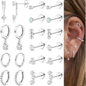 Hypoallergenic Flat Back Earrings  Gold Plated Cartilage Earring Sets for Multiple Piercing 20G Surgical Stainless Steel Earrings for Women Trendy Earring Stacks Small Hoop Flatback Stud Earrings
