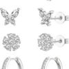 20G Gold Studs Earrings for Women, Gold Plated Hypoallergenic Butterfly Earrings for Girls,4 Pairs Flower/Butterfly/Cubic Zirconia Cute Earring and Trendy Huggie Hoop Dainty Multipack Earring Sets