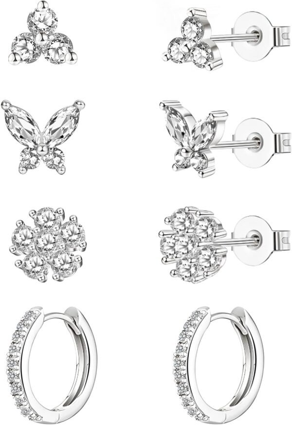 20G Gold Studs Earrings for Women, Gold Plated Hypoallergenic Butterfly Earrings for Girls,4 Pairs Flower/Butterfly/Cubic Zirconia Cute Earring and Trendy Huggie Hoop Dainty Multipack Earring Sets
