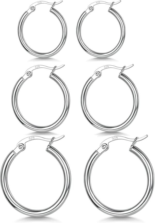 3 Pairs 925 Sterling Silver Hoop Earrings | Small White Gold Plated Hoop Earrings for Women (13mm,15mm,20mm??25mm,30mm,40mm,50mm,60mm)