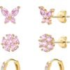 20G Gold Studs Earrings for Women, Gold Plated Hypoallergenic Butterfly Earrings for Girls,4 Pairs Flower/Butterfly/Cubic Zirconia Cute Earring and Trendy Huggie Hoop Dainty Multipack Earring Sets