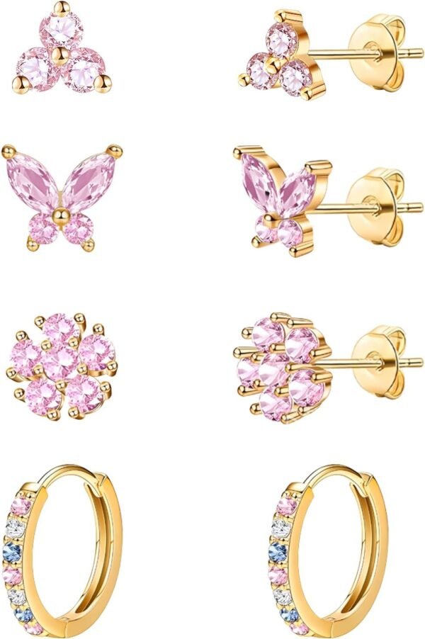 20G Gold Studs Earrings for Women, Gold Plated Hypoallergenic Butterfly Earrings for Girls,4 Pairs Flower/Butterfly/Cubic Zirconia Cute Earring and Trendy Huggie Hoop Dainty Multipack Earring Sets