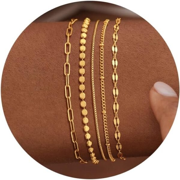 Gold Bracelets for Women Trendy, Dainty  Gold Plated Bracelet Stack Beaded Chain Bracelet Set Thin Small Cute Paperclip Bracelets Fashion Waterproof Jewelry Gift Gold Accessories for Women