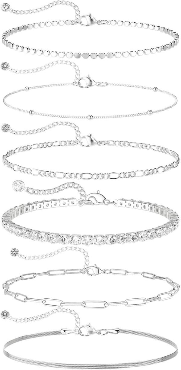 Dainty Silver Plated Bracelets for Women Trendy, Silver Jewelry Set for Women Bracelets for Women Paperclip Box Herringbone Figaro Rope Chain Bracelet Fashion Pack Gifts for Women