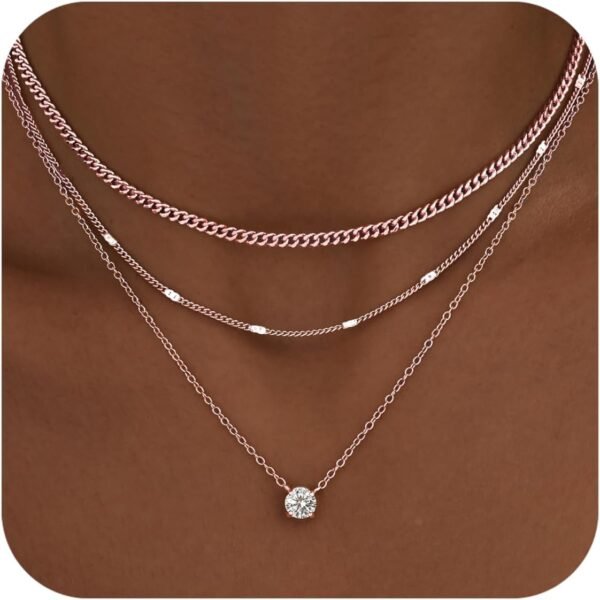 Layered Gold Necklaces for Women,  Gold Sterling Silver Plated Dainty Pendant Necklace Set with Cubic Zirconia Circle, Chunky Stackable Cuban Chain Choker, Trendy Personalized Birthstone Jewelry Gift Non Tarnish