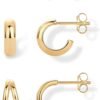 Yellow Gold Plated 925 Sterling Silver Posts Three Pairs Small Hoop Earrings for Women - Statement Gold Hoop Earrings Set - Cubic Zirconia Rope Teardrop Chunky Huggie Earscape Piercings