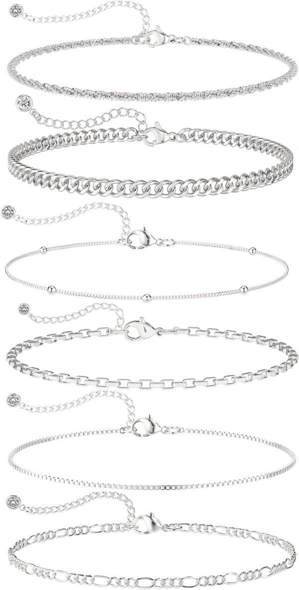 Dainty Silver Plated Bracelets for Women Trendy, Silver Jewelry Set for Women Bracelets for Women Paperclip Box Herringbone Figaro Rope Chain Bracelet Fashion Pack Gifts for Women
