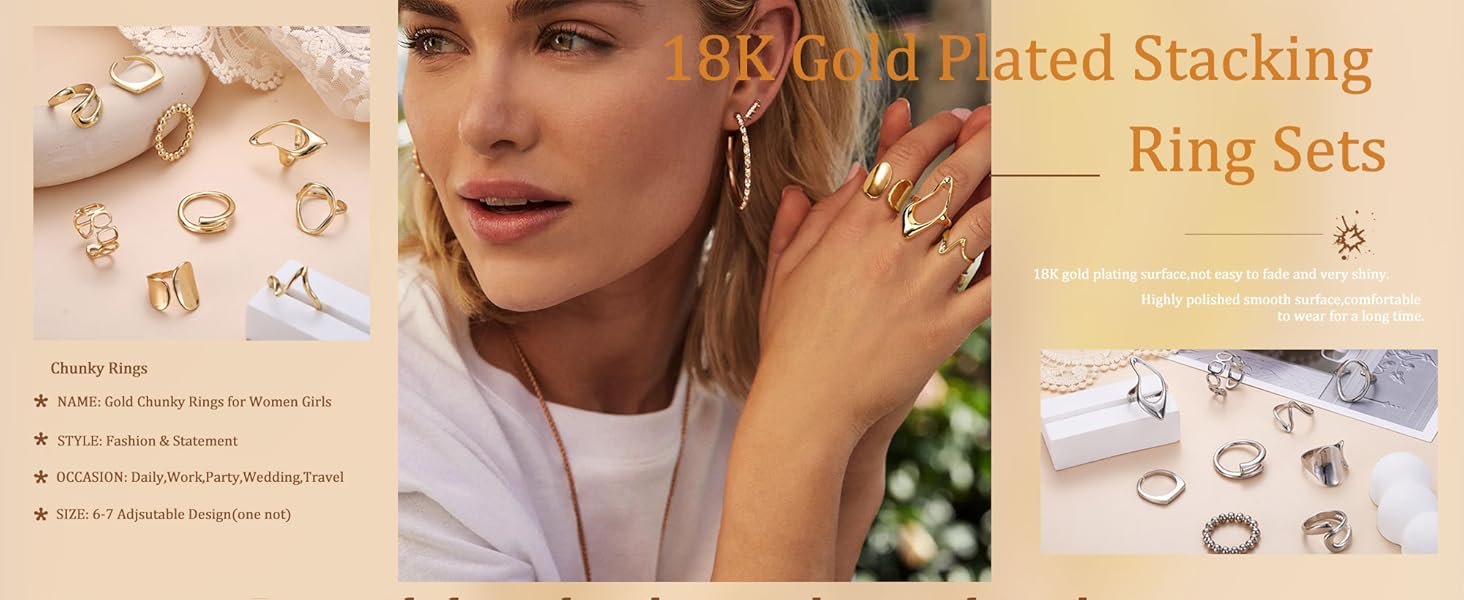 9 Pcs Gold Chunky Rings set for Women