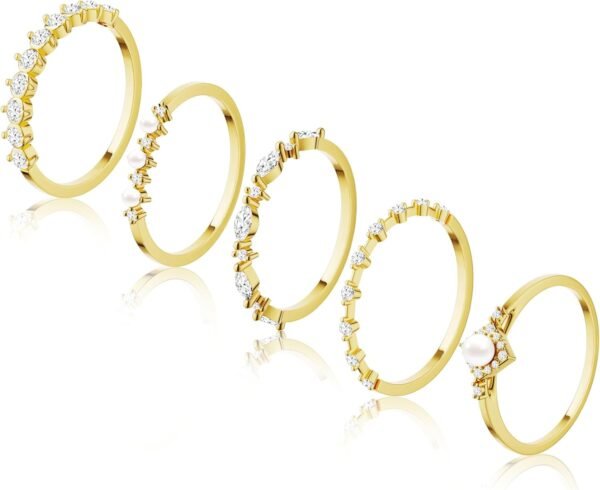 Stackable Silver Plated Rings for Women Non Tarnish, Dainty Sterling Silver Diamond Pearl Rings Set Thumb Fashion Thin Cubic Zirconia Simple Unique Statement Ring Pack Women Jewlery 6/7/8/9/10
