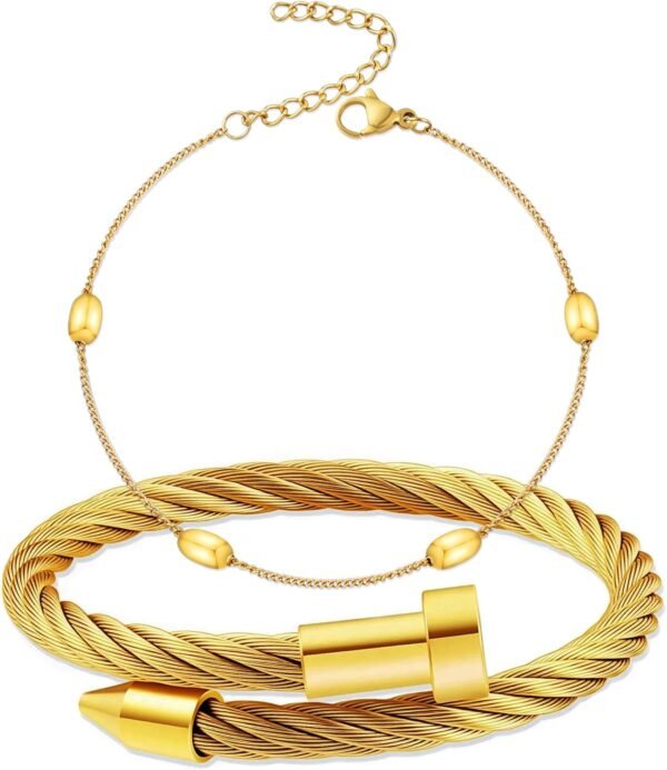 2PCS   Gold Plated Nail Bangle & Chain Bracelet Set for Women, Adjustable Stackable Bangle Jewelry, Dainty Gold Bracelet Gift for Women