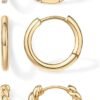 Yellow Gold Plated 925 Sterling Silver Posts Three Pairs Small Hoop Earrings for Women - Statement Gold Hoop Earrings Set - Cubic Zirconia Rope Teardrop Chunky Huggie Earscape Piercings