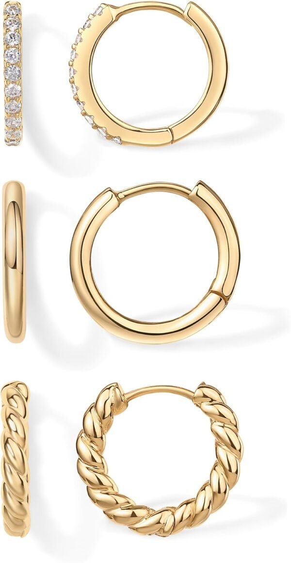Yellow Gold Plated 925 Sterling Silver Posts Three Pairs Small Hoop Earrings for Women - Statement Gold Hoop Earrings Set - Cubic Zirconia Rope Teardrop Chunky Huggie Earscape Piercings