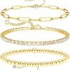 Gold Plated Bracelets for Women, Jewelry Sets Cute Tennis Beaded Bracelets Cuban Link Paperclip Chain Dainty Bracelet Pack Gifts