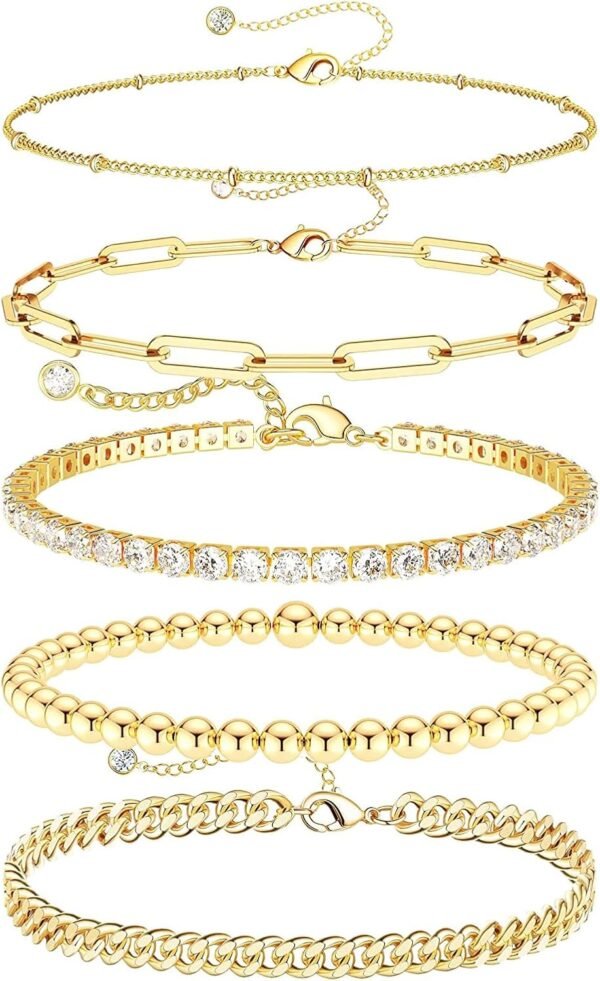Gold Plated Bracelets for Women, Jewelry Sets Cute Tennis Beaded Bracelets Cuban Link Paperclip Chain Dainty Bracelet Pack Gifts