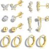 Hypoallergenic Gold Plated Stud Hoop Earrings for Women - Surgical Stainless Steel Earrings Trendy Small Hoops Cartilage Earring Stacks Huggie Earring Set for Multiple Piercing Jewelry