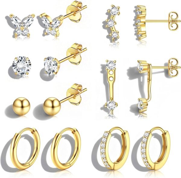 Hypoallergenic Gold Plated Stud Hoop Earrings for Women - Surgical Stainless Steel Earrings Trendy Small Hoops Cartilage Earring Stacks Huggie Earring Set for Multiple Piercing Jewelry