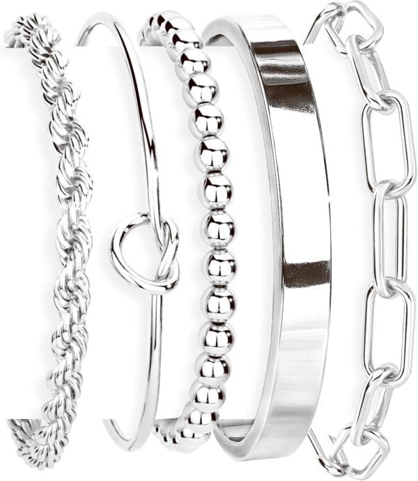 Gold Bracelets Set for Women Non Tarnish,  Gold Plated Sterling Silver Chunky Cuff Bracelet Stackable Gold Bangles Bracelet for Women Trendy Fashion Accessories Tie Knot Cuban Rope Paperclip Beaded Bracelet Stack Jewelry Valentines Day Gifts