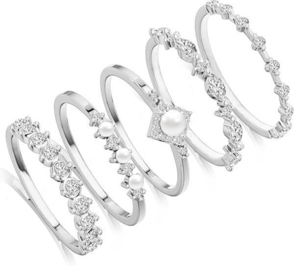 Stackable Silver Plated Rings for Women Non Tarnish, Dainty Sterling Silver Diamond Pearl Rings Set Thumb Fashion Thin Cubic Zirconia Simple Unique Statement Ring Pack Women Jewlery 6/7/8/9/10