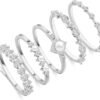 Stackable Silver Plated Rings for Women Non Tarnish, Dainty Sterling Silver Diamond Pearl Rings Set Thumb Fashion Thin Cubic Zirconia Simple Unique Statement Ring Pack Women Jewlery 6/7/8/9/10