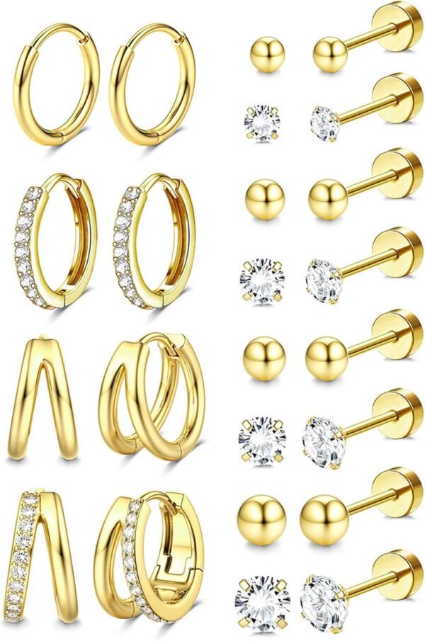 Hypoallergenic  Gold Plated Stud Hoop Earrings for Women Men Surgical Stainless Steel Flat Back Earrings Small Huggie Hoops Cartilage Earring Set for Multiple Piercing Jewelry Gift for Women