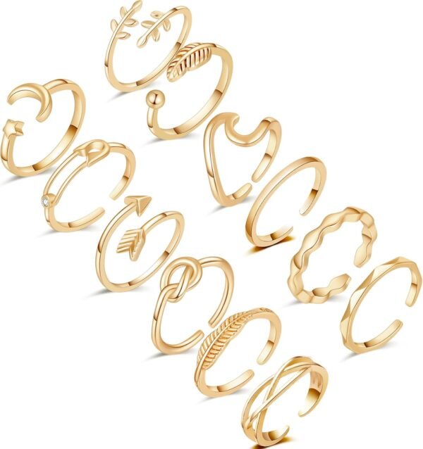 12PCS Silver Plated Rings Adjustable Open Rings for Women Cute Gold Plated Stackable Thumb Rings Joint Chain Midi FingerArrow Knot Wave Band Rings Set