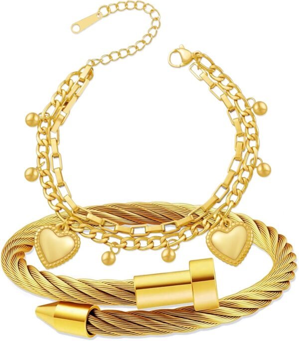 2PCS   Gold Plated Nail Bangle & Chain Bracelet Set for Women, Adjustable Stackable Bangle Jewelry, Dainty Gold Bracelet Gift for Women