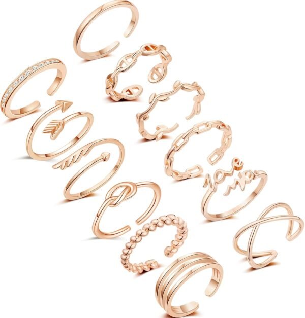 12PCS Silver Plated Rings Adjustable Open Rings for Women Cute Gold Plated Stackable Thumb Rings Joint Chain Midi FingerArrow Knot Wave Band Rings Set