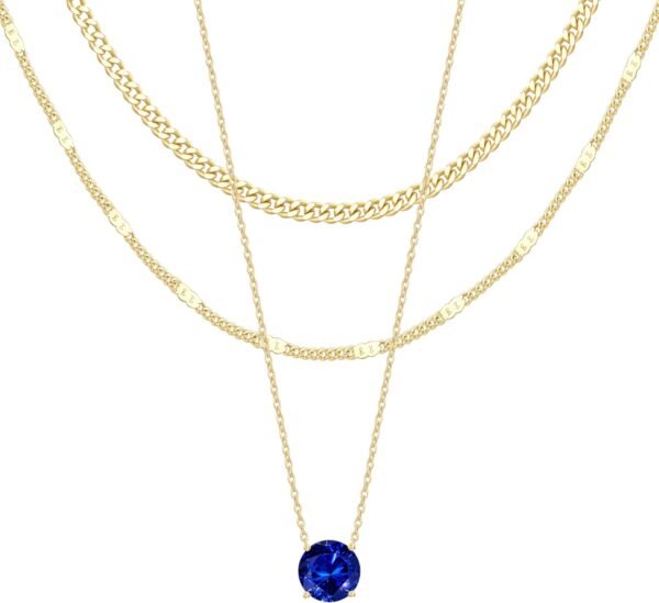 Layered Gold Necklaces for Women,  Gold Sterling Silver Plated Dainty Pendant Necklace Set with Cubic Zirconia Circle, Chunky Stackable Cuban Chain Choker, Trendy Personalized Birthstone Jewelry Gift Non Tarnish