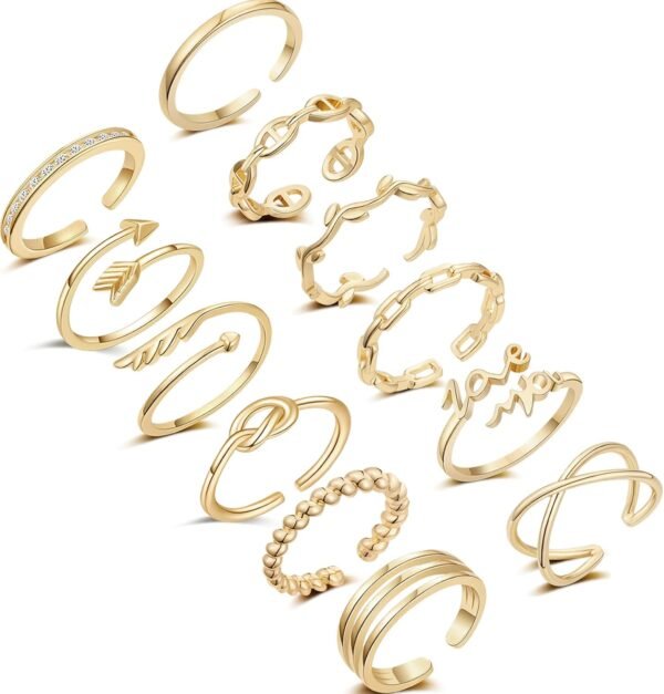 12PCS Silver Plated Rings Adjustable Open Rings for Women Cute Gold Plated Stackable Thumb Rings Joint Chain Midi FingerArrow Knot Wave Band Rings Set