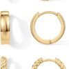 Yellow Gold Plated 925 Sterling Silver Posts Three Pairs Small Hoop Earrings for Women - Statement Gold Hoop Earrings Set - Cubic Zirconia Rope Teardrop Chunky Huggie Earscape Piercings
