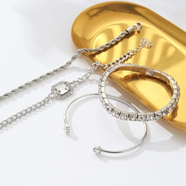 4 Pcs Dainty Gold Silver Bracelets Set for Women  Plated Link Cubic Zirconia Paperclip Stake Layering Chain Adjustable Trendy Hand Jewelry