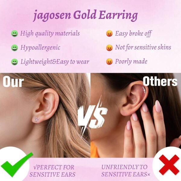 20G Gold Studs Earrings for Women, Gold Plated Hypoallergenic Butterfly Earrings for Girls,4 Pairs Flower/Butterfly/Cubic Zirconia Cute Earring and Trendy Huggie Hoop Dainty Multipack Earring Sets