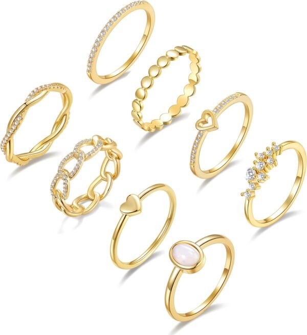 Gold/Silver Plated Stacking Rings Set for Women Non Tarnish CZ Heart Simple Cute Stackable Rings Dainty Trendy Gold Statement Rings Plain Band Size 4-12