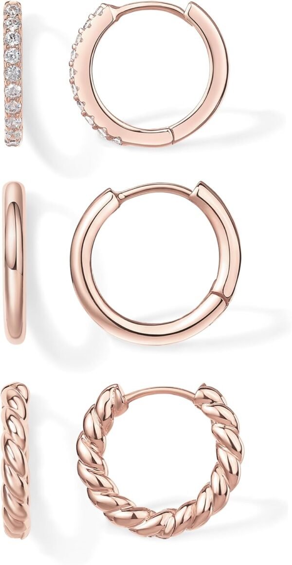 Yellow Gold Plated 925 Sterling Silver Posts Three Pairs Small Hoop Earrings for Women - Statement Gold Hoop Earrings Set - Cubic Zirconia Rope Teardrop Chunky Huggie Earscape Piercings